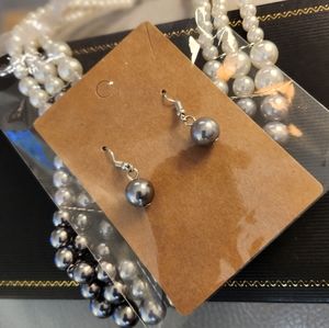 Triple Row Two Tone Pearl Necklace Earrings Set